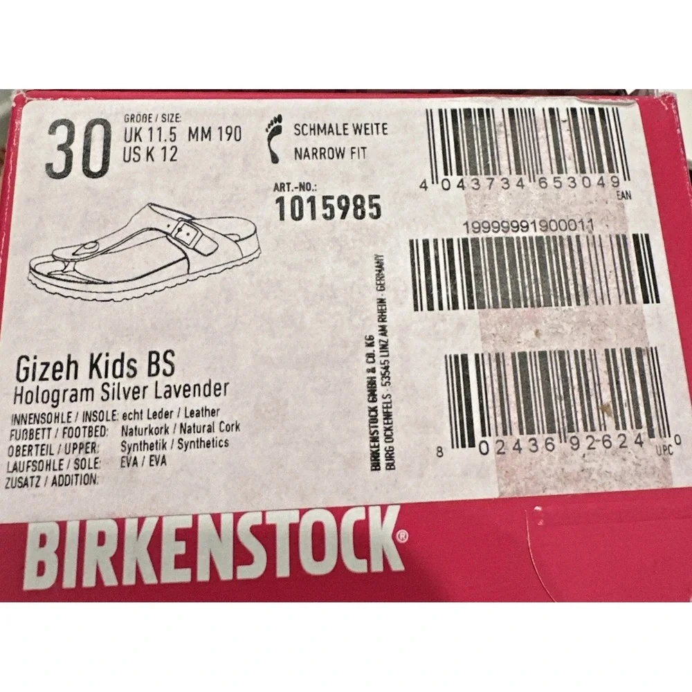 Birkenstock Kids Size EU 30 US K12 Narrow Gizeh Sandals Hologram Silver Lavender